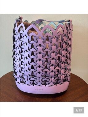 Kate Spade. Leather lace shoulder bag.  Easter basket.  Violet/off-white cut out